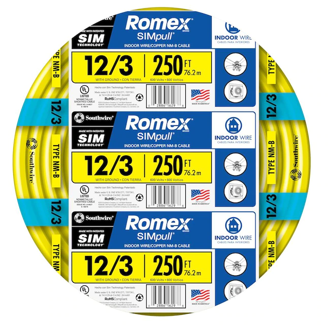 Southwire Romex SIMpull 250 pies 12 / 3 Cable sólido no metálico para interiores