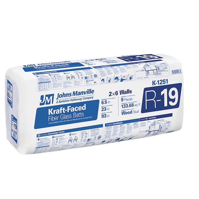 Johns Manville R- 19 Wand, 133,68 Quadratfuß, kraftbeschichtete Glasfasermatten-Isolierung (23 Zoll B x 93 Zoll L), Einzelpackung mit insgesamt 9 Teilen