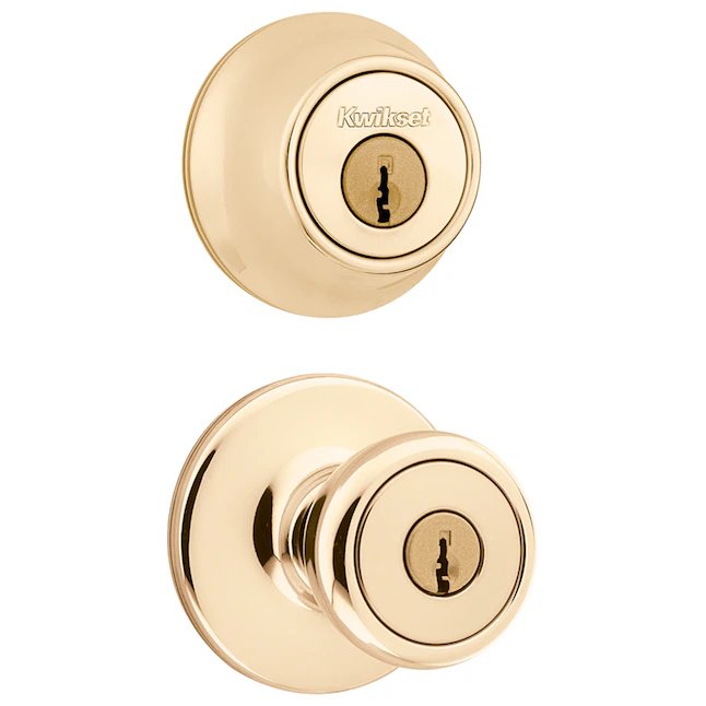 Kwikset Security Tylo Exterior de latón pulido Cerradura de seguridad de un solo cilindro Paquete combinado de perilla de puerta de entrada con llave con tecnología antimicrobiana