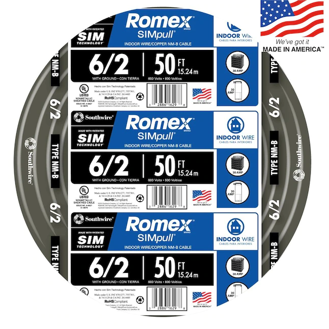 Southwire Romex SIMpull 50 Fuß 6/2 massiver, nichtmetallischer Innendraht