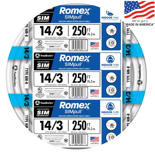 Southwire Romex SIMpull 250 Fuß 14/3 massiver nichtmetallischer Innendraht