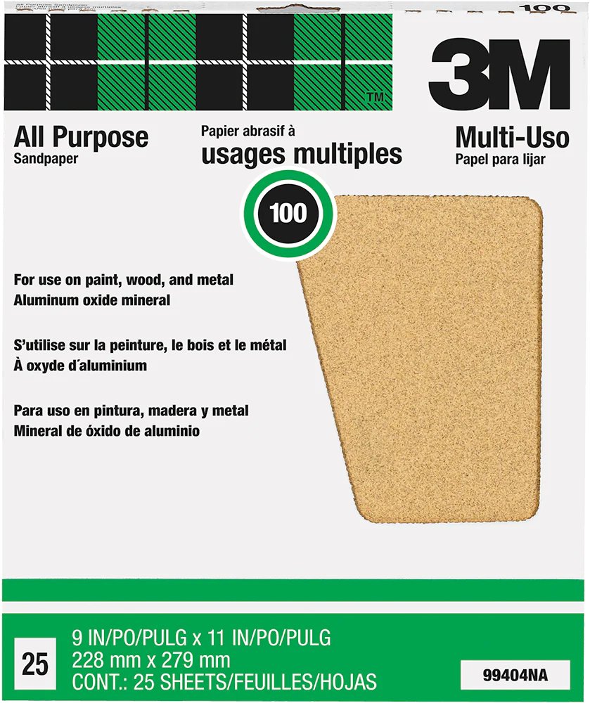 3M 9" x 11" Papel de lija multiusos de grano 100 - Paquete de 25