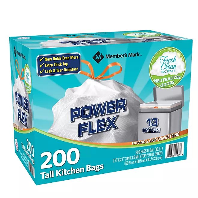 Member's Mark Power Flex Bolsas de basura altas con cordón para cocina, aroma fresco (13 gal., 200 ct.)