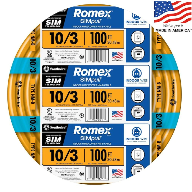 Southwire Romex SIMpull 100 Fuß 10/3 massiver nichtmetallischer Innendraht