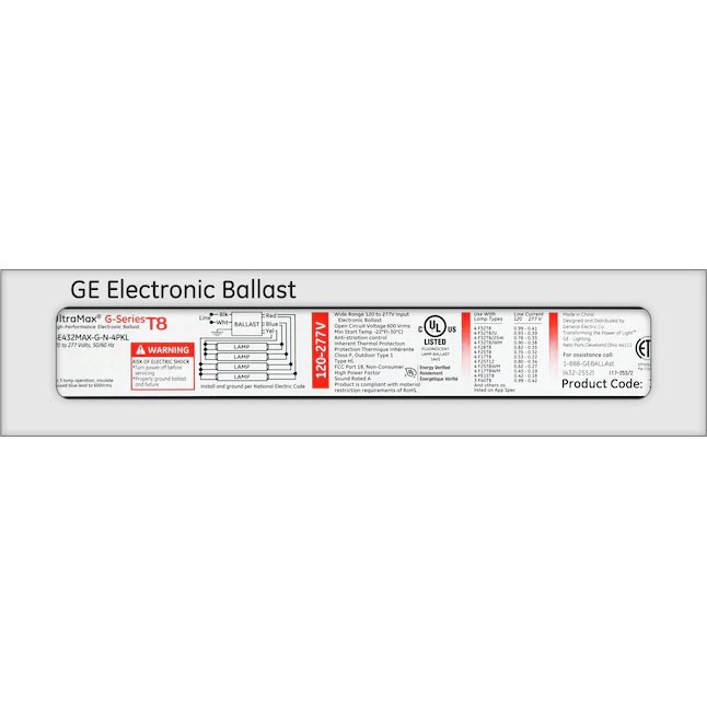 Balasto de luz fluorescente comercial GE T8 de 4 bombillas