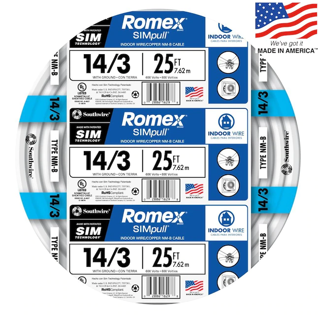 Southwire Romex SIMpull 25 Fuß 14/3 massiver nichtmetallischer Innendraht