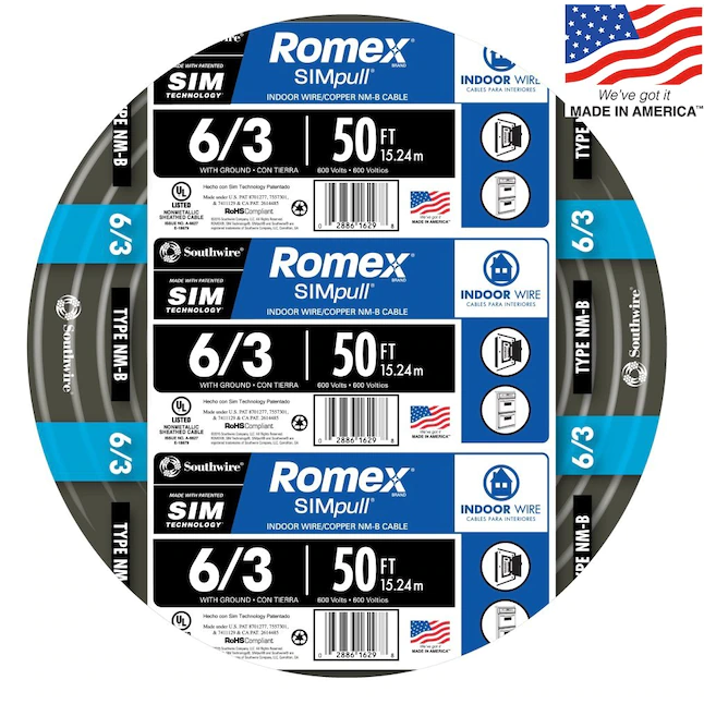 Southwire Romex SIMpull 50 pies 6 / 3 Cable trenzado interior no metálico