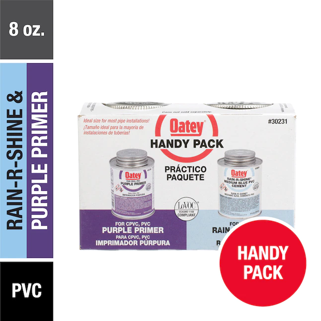 Oatey Handy Pack Cemento e imprimador de PVC morado y azul de 8 onzas líquidas