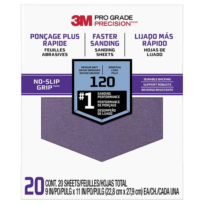 3M 9″ x 11″ Hoja de lija de agarre antideslizante de precisión de grado profesional, grano 120, paquete de 20