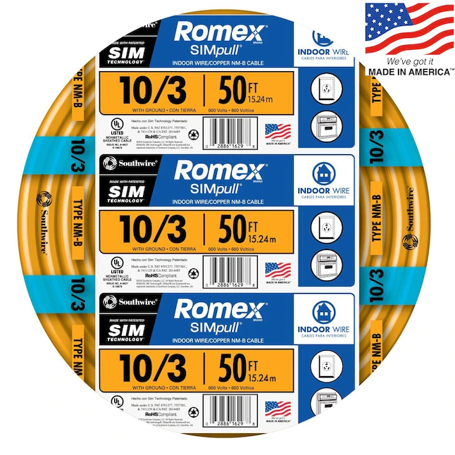 Southwire Romex SIMpull 50 pies 10 / 3 Cable sólido no metálico para interiores