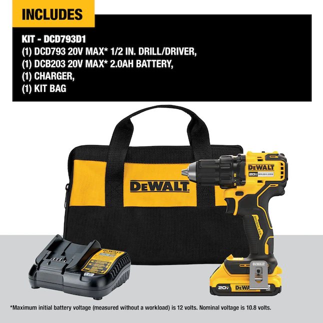 DEWALT Taladro inalámbrico sin escobillas, sin llave, de 20 voltios máx., 1/2 pulgada (1 batería incluida, cargador incluido y bolsa suave incluida)