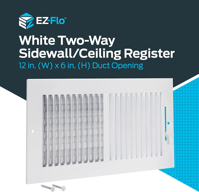 EZ-FLO 12 x 6 Inch Two-Way Ventilation Steel Sidewall/Ceiling Register, Steel Duct Opening