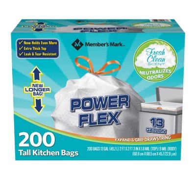 Member's Mark Power Flex Bolsas de basura altas con cordón para cocina, aroma fresco (13 gal., 200 ct.)