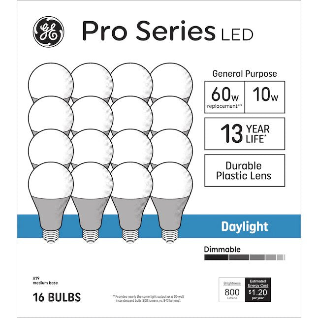 GE Pro 60-Watt EQ A19 Daylight Medium Base (e-26) dimmbare LED-Glühbirne (16er-Pack)