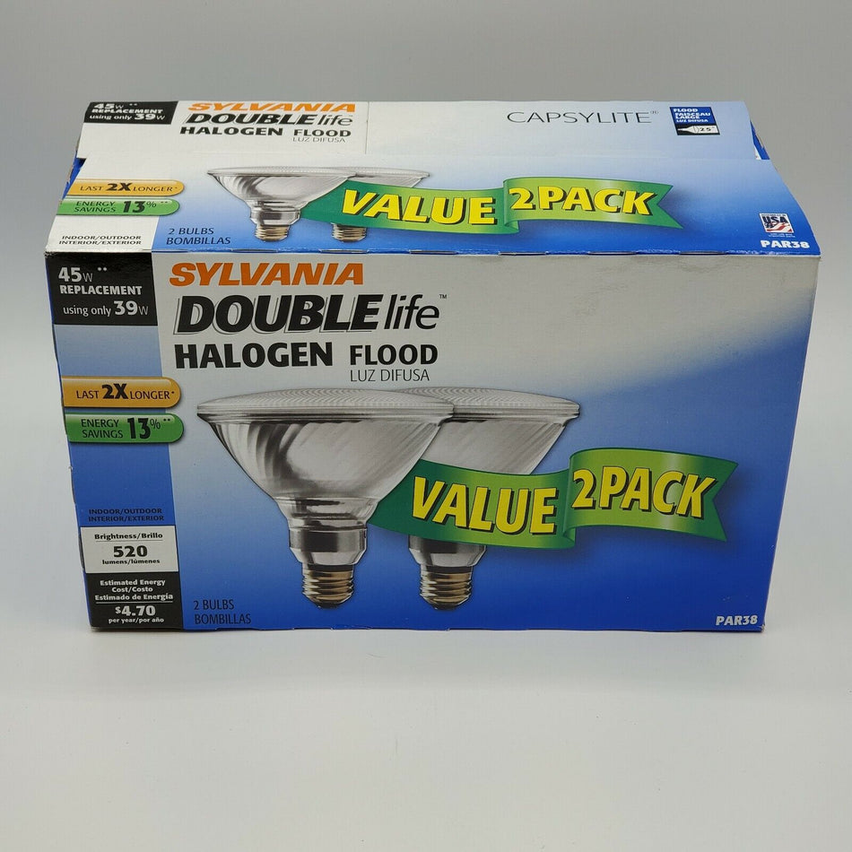 Sylvania Double Life 45W/39W Halogen PAR38 Flood Light Bulbs Indoor/Outdoor (2-Pack)