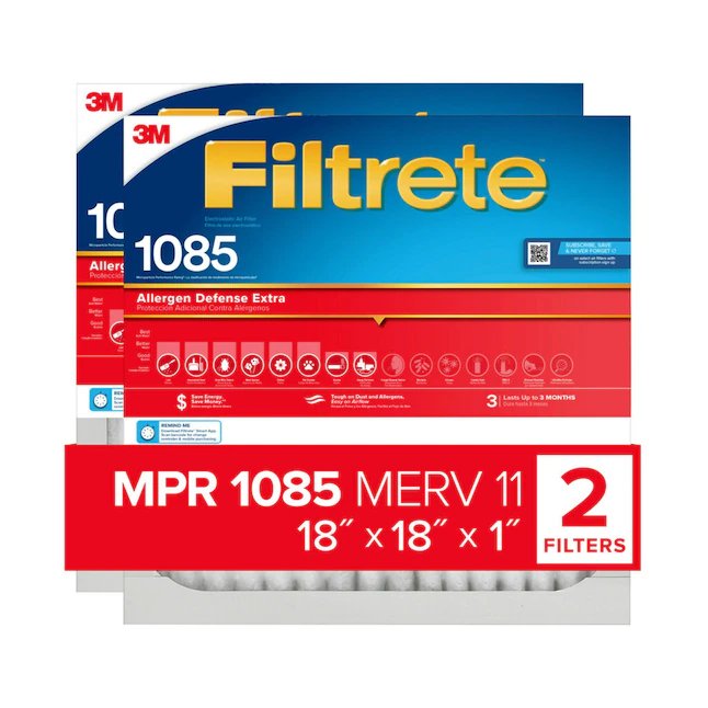 Filtrete Filtro de aire plisado electrostático extra de defensa de alérgenos 11 MERV 1085 MPR de 18 pulgadas de ancho x 18 pulgadas de largo x 1 pulgada (paquete de 2)