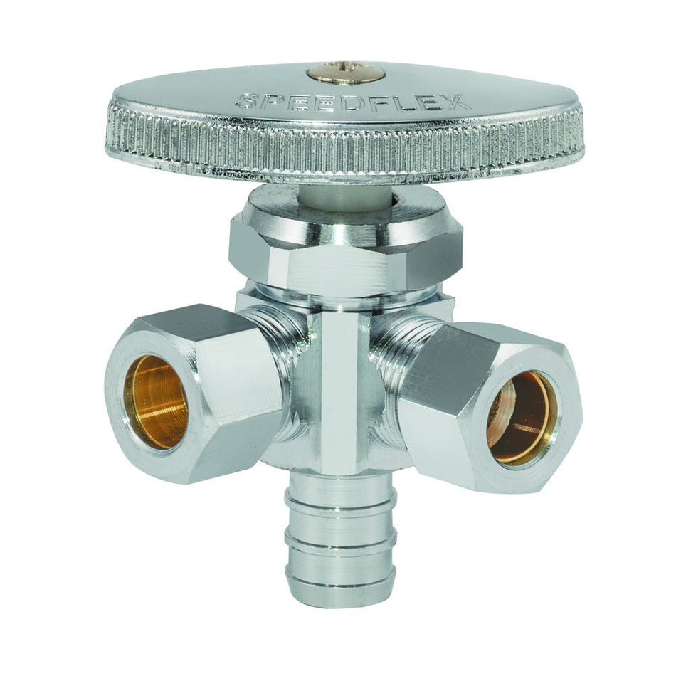 Eastman 3-Way Shut-Off Valve – 1/2 in. PEX Crimp x 3/8 in. Comp x 3/8 in. Comp