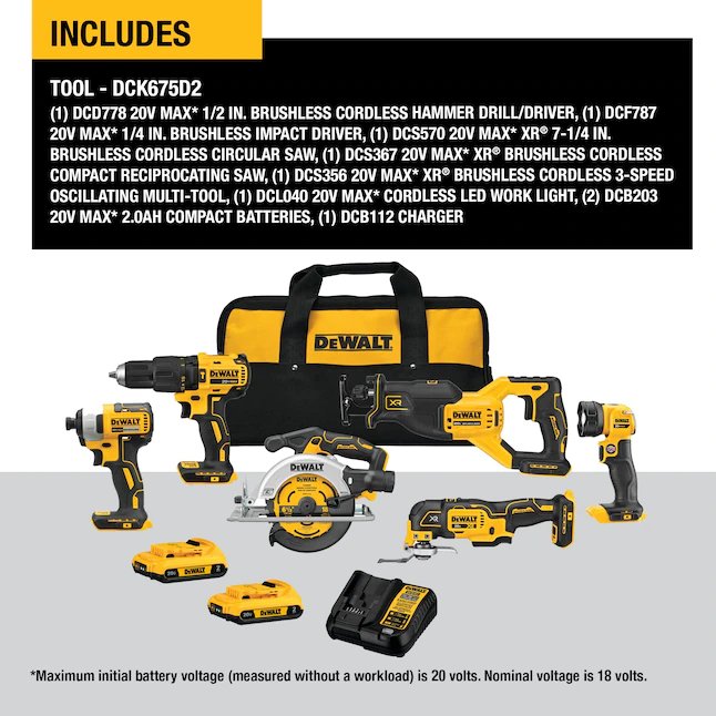 DeWalt  6-Tool 20-Volt Max Brushless Power Tool Combo Kit with Soft Case (2-Batteries and charger Included)