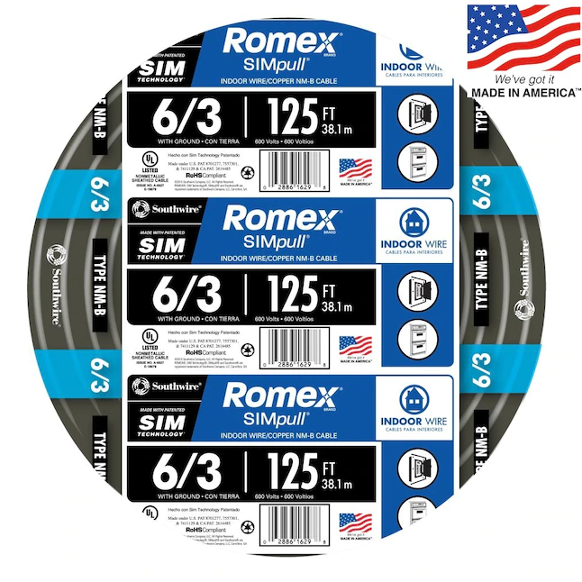 Southwire Romex SIMpull 125 Fuß 6/3-litziger nichtmetallischer Innendraht