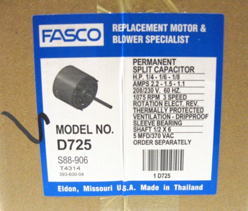 Motor del ventilador del controlador de aire Fasco® D725 1/4 HP 1075 RPM 230 voltios