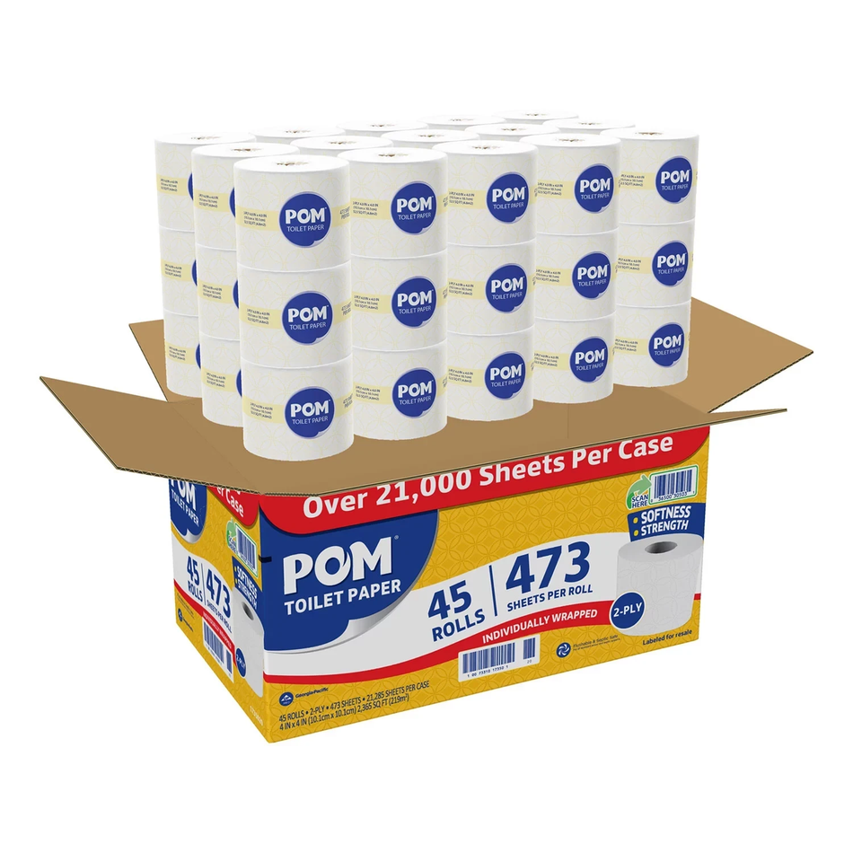 Papel higiénico POM, apto para sépticas, 2 capas, blanco (473 hojas/rollo, 45 rollos)