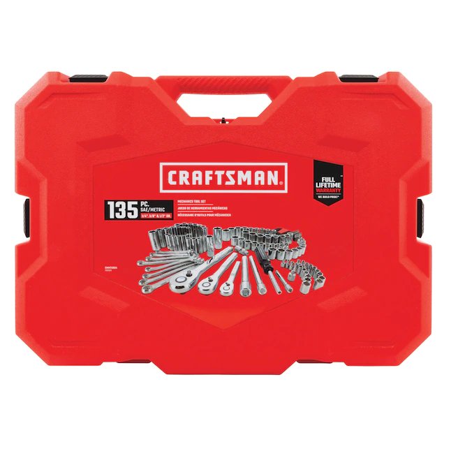 CRAFTSMAN Juego de herramientas mecánicas de cromo pulido con combinación estándar (SAE) y métrica de 135 piezas (1/4 pulg.; 3/8 pulg.; 1/2 pulg.) con estuche rígido