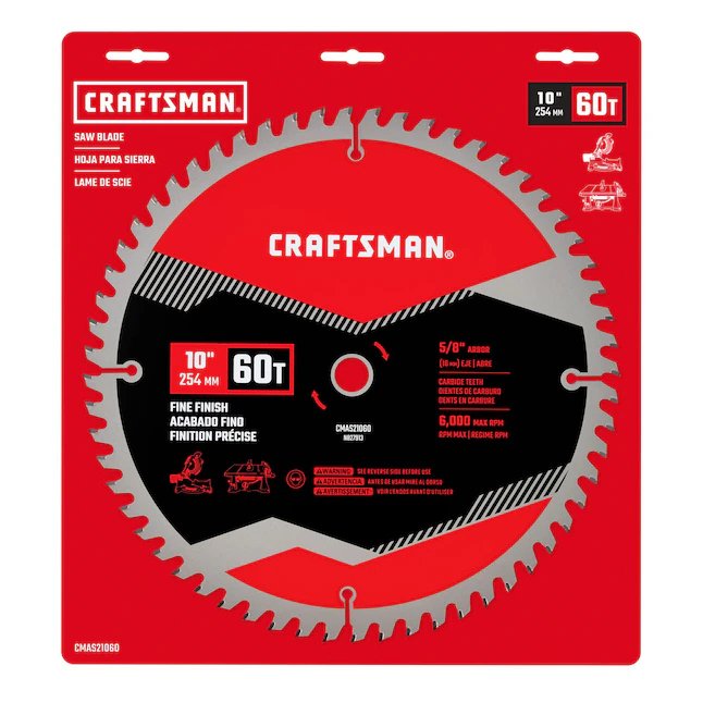 CRAFTSMAN 10-Zoll-Gehrungs-/Tischkreissägeblatt mit 60 Zähnen und feiner Oberfläche aus Hartmetall