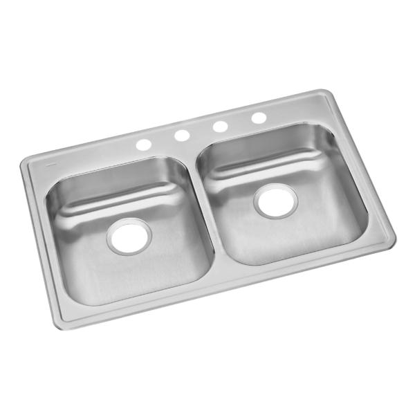 Dayton Stainless Steel 33" x 21-1/4" x 5-3/8" 4-Hole Equal Double Bowl Drop-in Sink