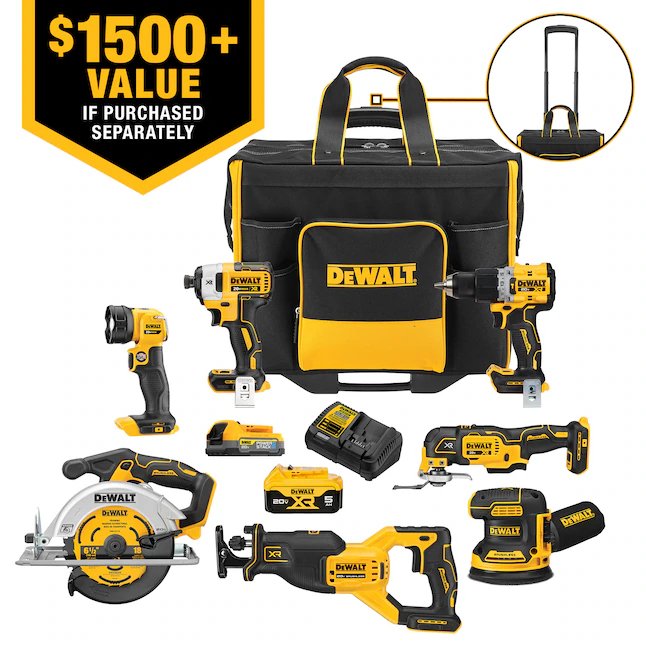 Kit combinado de herramientas DeWalt 20V MAX Site-Ready XR 7 (con 2 baterías, cargador y bolsa de almacenamiento con ruedas)