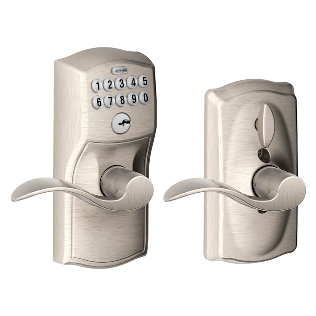 Schlage-Tastatur, Camelot, Satin-Nickel, einzylindrig, elektronischer Griff, beleuchtete Tastatur