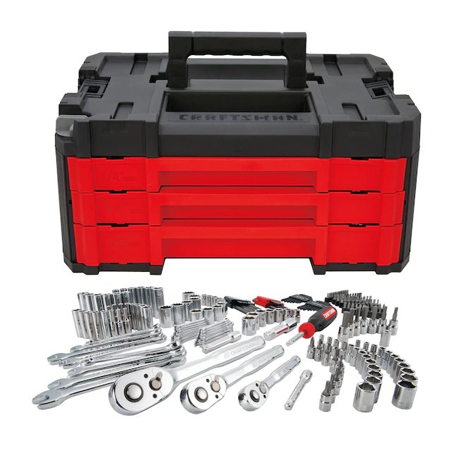 CRAFTSMAN 230-teiliger Standard- (SAE) und metrischer Mechanik-Werkzeugsatz aus poliertem Chrom (1/4 Zoll; 3/8 Zoll; 1/2 Zoll; 1 Zoll) mit Hartschalenkoffer