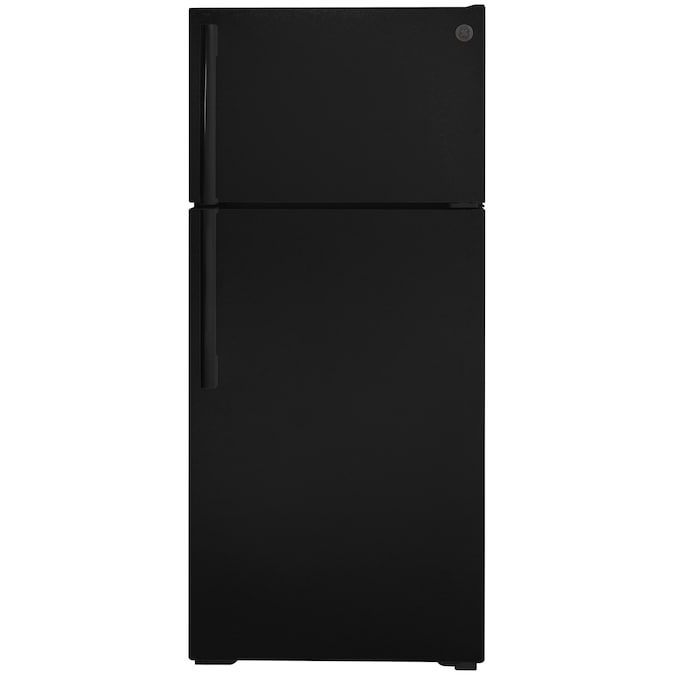 Refrigerador con estante de alambre GE de 16.6 pies cúbicos con congelador superior (negro)