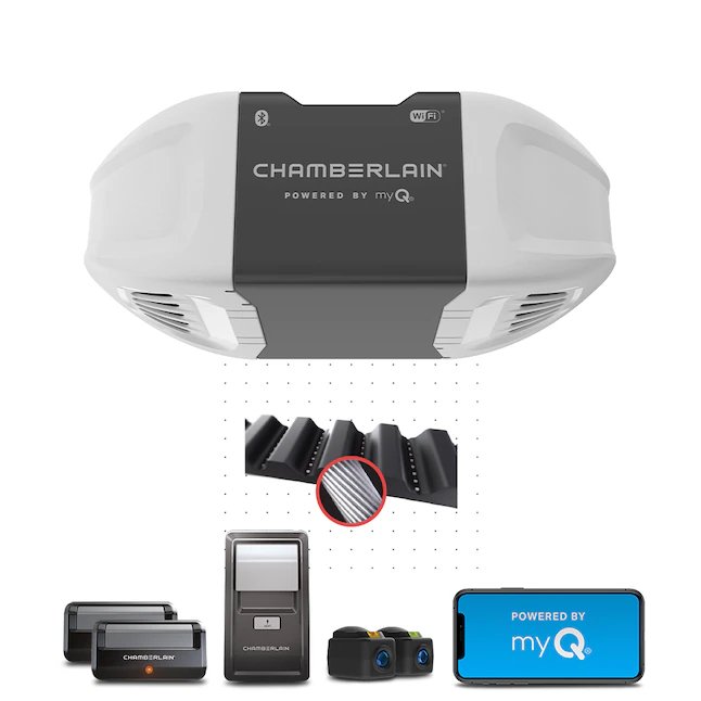 El abridor de puerta de garaje con transmisión por correa inteligente de 0.5 HP de Chamberlain funciona con compatibilidad Wi-Fi Myq