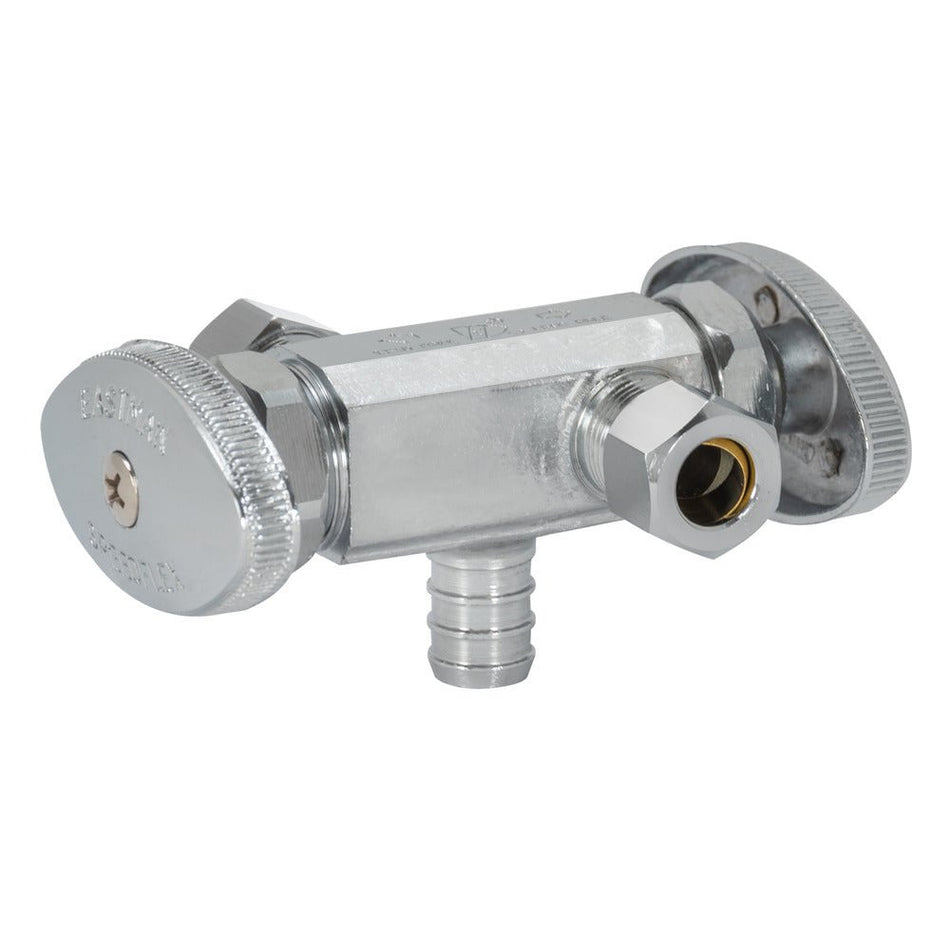 Eastman 3-Way Shut-Off Valve – 1/2 in. Crimp PEX x 3/8 in. Comp x 3/8 in. Comp 2-Handle