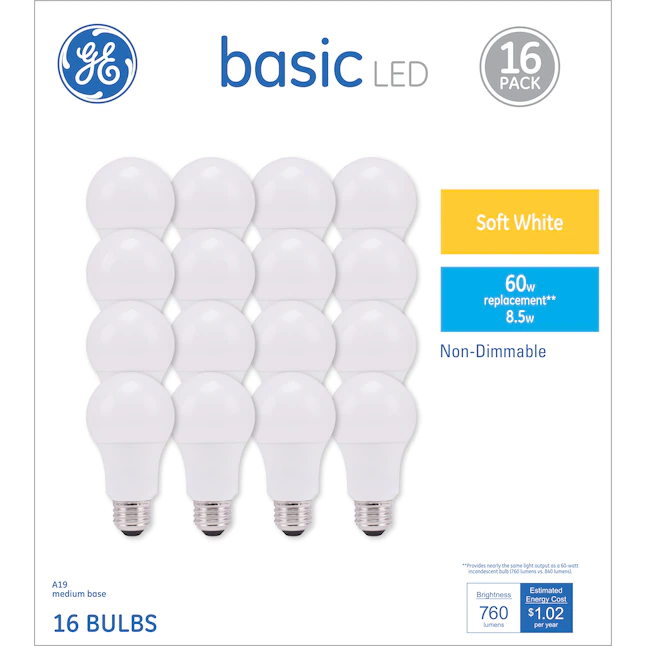 GE  Basic 60-Watt EQ A19 Soft White LED Light Bulb (16-Pack)