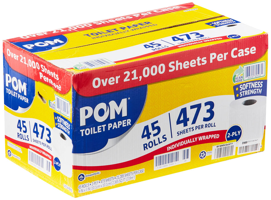 Papel higiénico POM, apto para sépticas, 2 capas, blanco (473 hojas/rollo, 45 rollos)