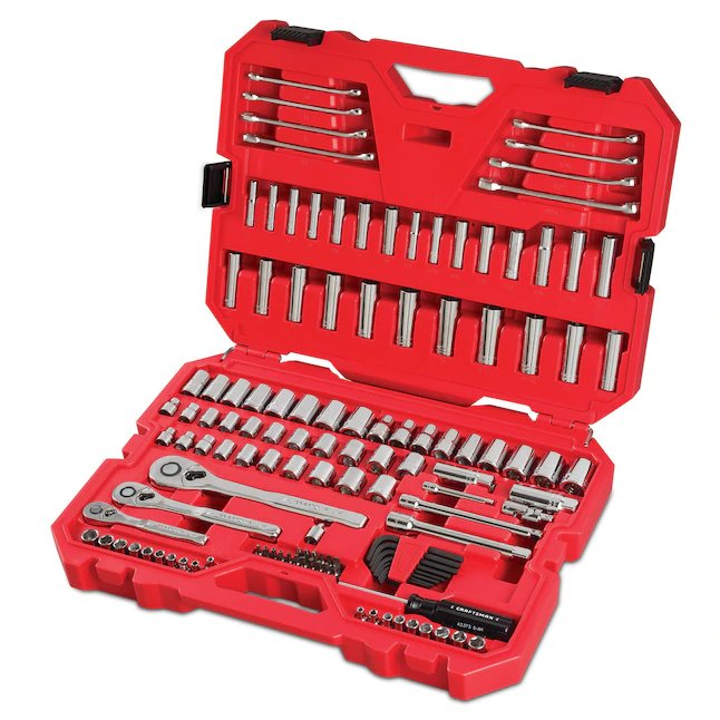 CRAFTSMAN Juego de herramientas mecánicas de cromo pulido con combinación estándar (SAE) y métrica de 135 piezas (1/4 pulg.; 3/8 pulg.; 1/2 pulg.) con estuche rígido