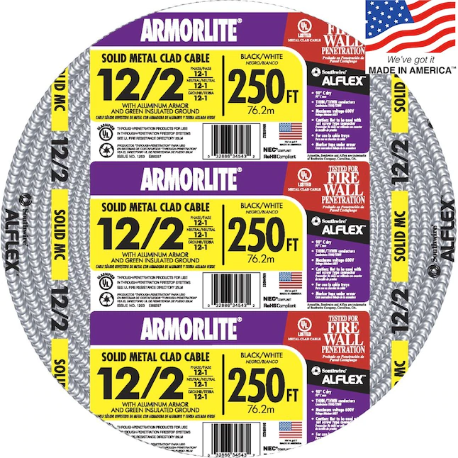 Southwire Armorlite 250 pies 12 / 2 Cable Mc de aluminio sólido